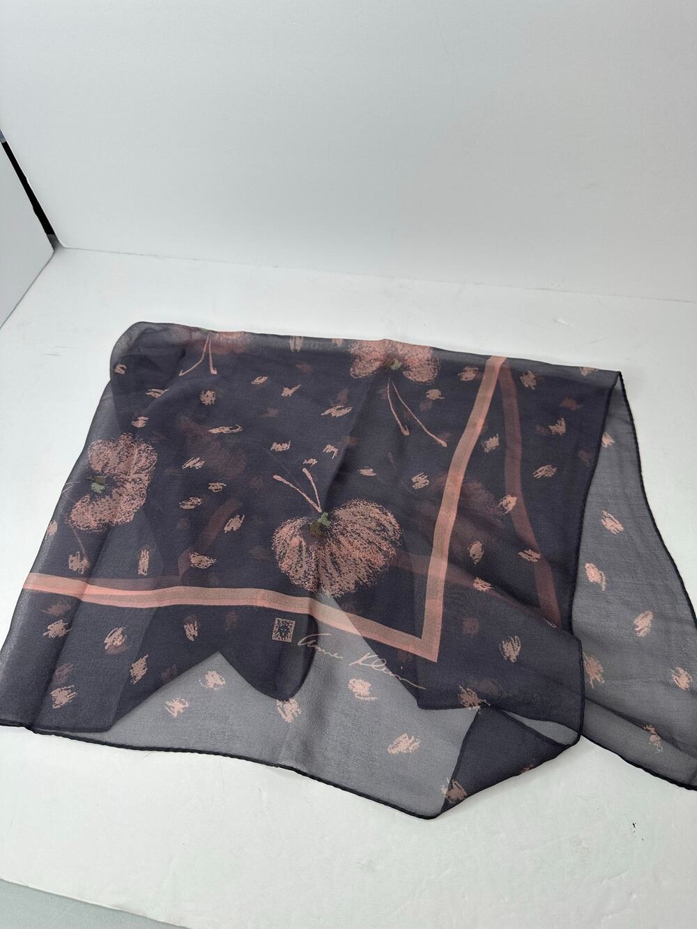 Anne Klein Sheer Silk Black Pink Floral Square Scarf Vintage Signature 26x26